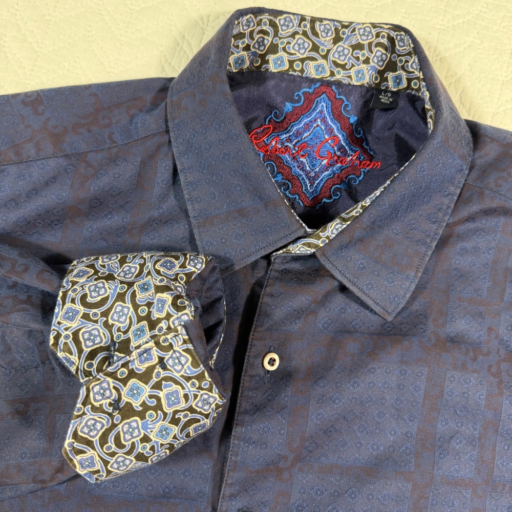 Robert Graham Button Down Shirt Mens L Blue Damask Jacquard Contrast Cuff EUC